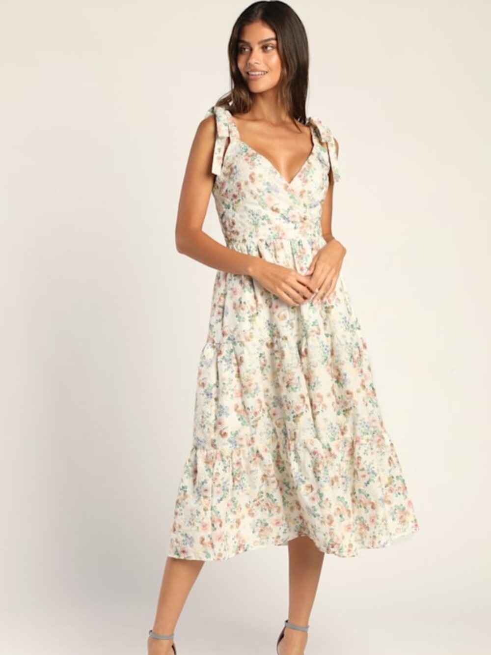Lulus Botanical Bounty Cream Floral Embroidered Tie-strap Midi Dress White